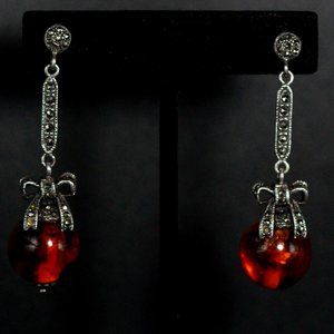 STERLING SILVER AMBER MARCASITES DROP EARRINGS